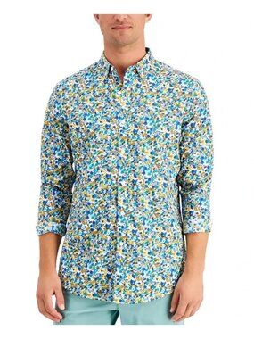 Club Room Regular-Fit Stretch Ditsy Floral-Print Poplin Shirt Blue Size L $55